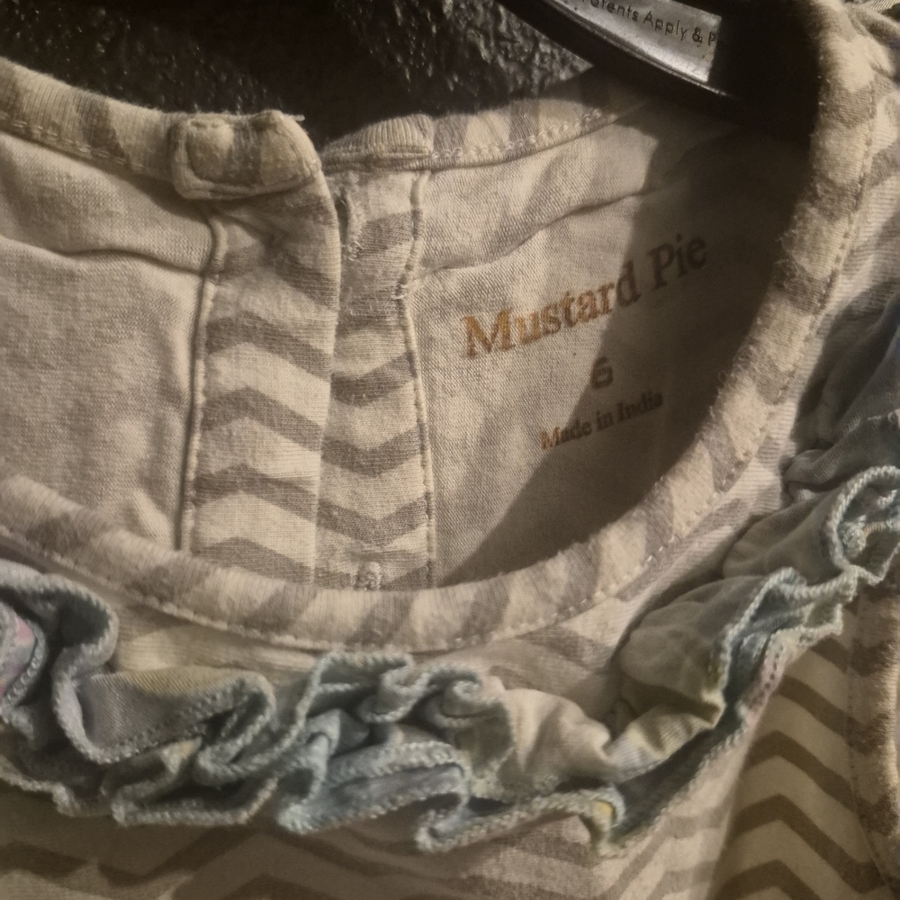 Mustard Pie Girls Ruffle Neck Dress - Cream & Gray with Light Blue Trim